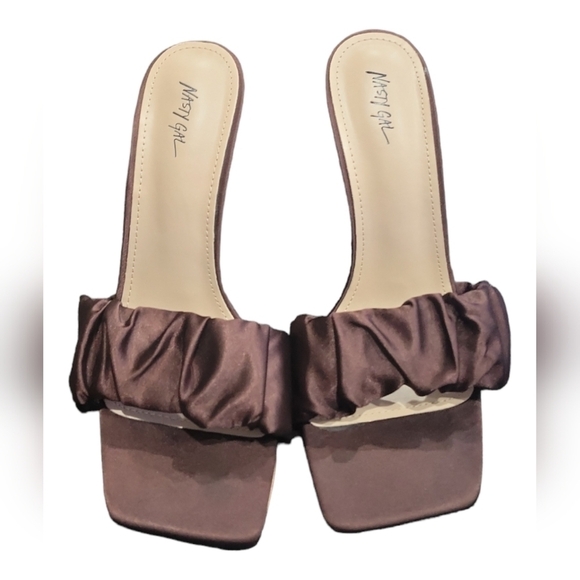 Nasty Gal Women's Satin Ruched Front Stiletto Heels Mules in Chocolate Satin 40 - Picture 1 of 8